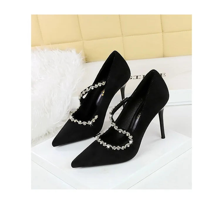 Gorgeous Women's Pumps Rhinestone Chain One Word Strap Design Fashion  Angola Red 10cm High Heels Ladies Nightclub Single Shoes - Prolificstore