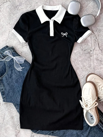Trendy Girls Y2K Contrast Trim Polo Collar Bow Detail Bodycon Mini Dress Summer Casual Streetwear Daily Date Slim Fit Outfit