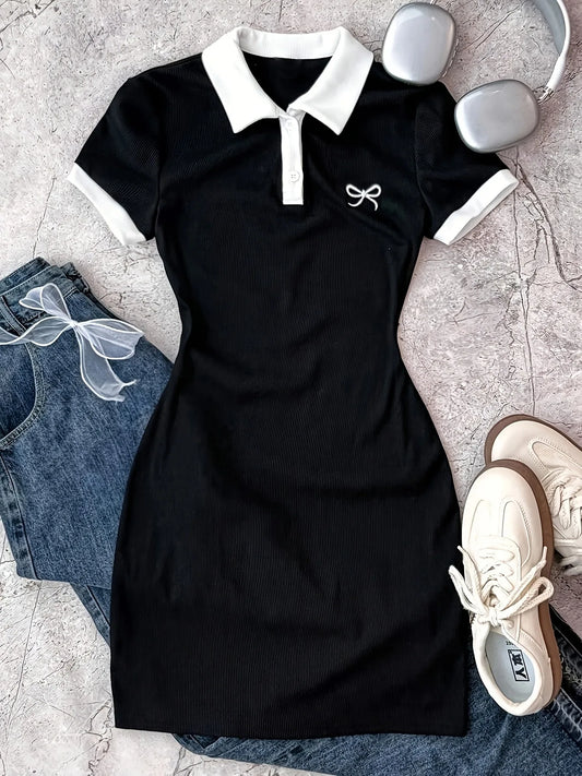 Trendy Girls Y2K Contrast Trim Polo Collar Bow Detail Bodycon Mini Dress Summer Casual Streetwear Daily Date Slim Fit Outfit