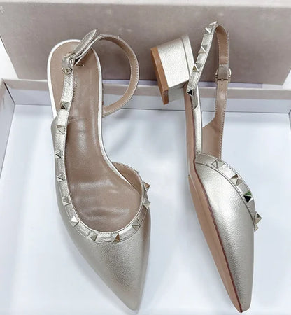 Women Real Leather Shiny Back Buckle Strap Fashionable Sandals European And American Style Trendy Shoes Closed Toe Gold Studs 42