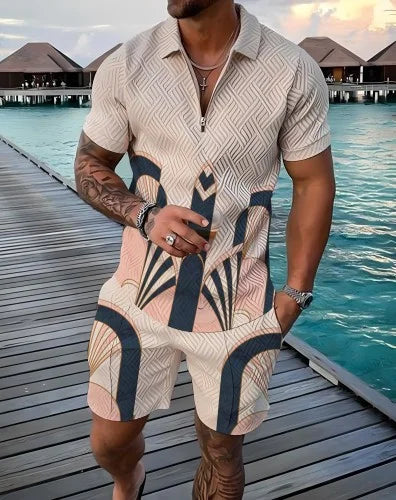 Summer New Men's 3D Printing Short Sleeve Zipper Polo Shirt Shorts Set  Men Casual  2-piece Vacation Beach Set - Prolificstore