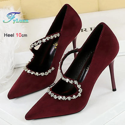 Gorgeous Women's Pumps Rhinestone Chain One Word Strap Design Fashion  Angola Red 10cm High Heels Ladies Nightclub Single Shoes - Prolificstore