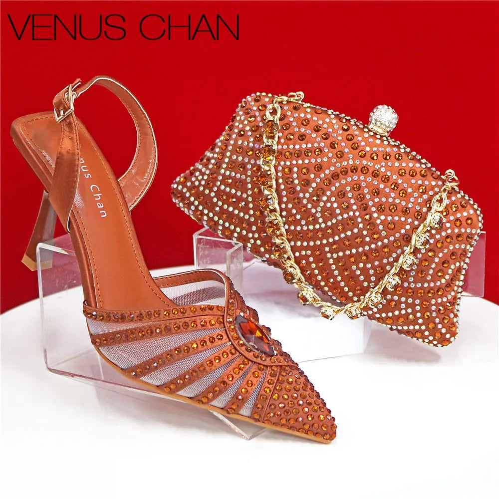 2025 Elegant Fruit Green Women's Green Heels and Rhinestone Handbag Set - Italian Design for Weddings and Parties