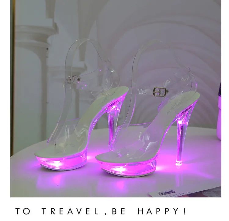 Summer Led Illuminated Women Slippers Super High Heel 13cm Crystal Ankle Buckle Sandals Transparent Platform Female Party Shoes