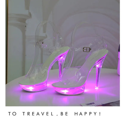 Summer Led Illuminated Women Slippers Super High Heel 13cm Crystal Ankle Buckle Sandals Transparent Platform Female Party Shoes