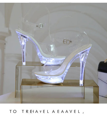 Summer Led Illuminated Women Slippers Super High Heel 13cm Crystal Ankle Buckle Sandals Transparent Platform Female Party Shoes