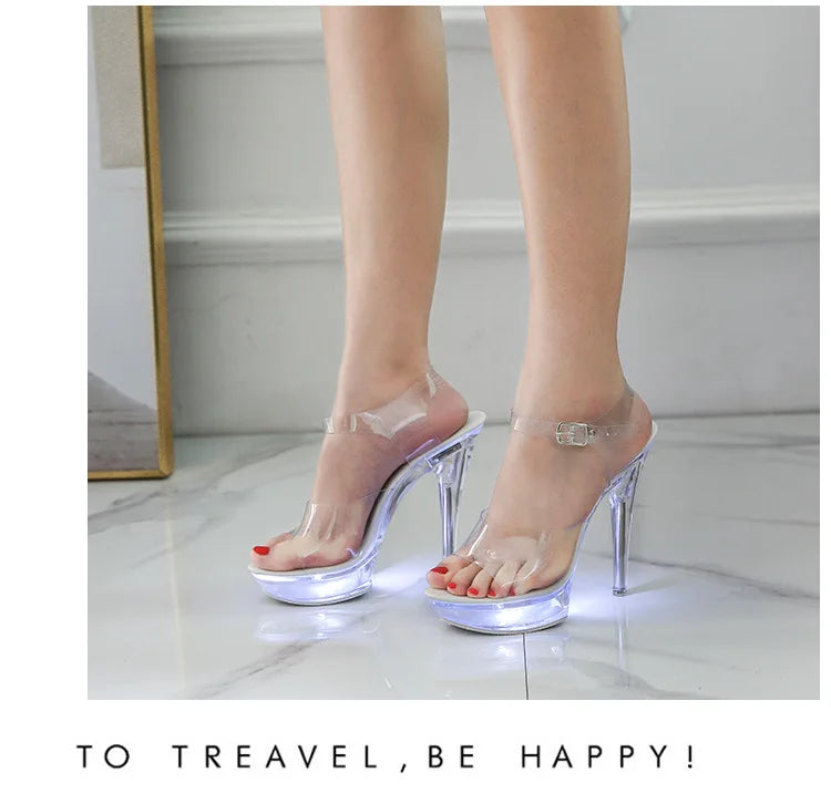 Summer Led Illuminated Women Slippers Super High Heel 13cm Crystal Ankle Buckle Sandals Transparent Platform Female Party Shoes