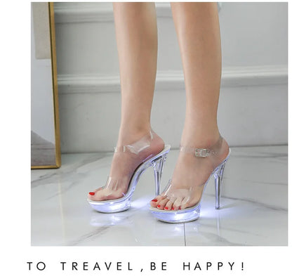 Summer Led Illuminated Women Slippers Super High Heel 13cm Crystal Ankle Buckle Sandals Transparent Platform Female Party Shoes