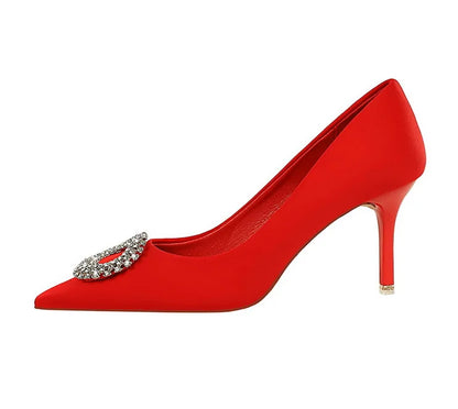 2025 New Shallow Mouth Women's Pumps Fashion Satin Rhinestone Round Buckle Stiletto Solid Color Pointed Sexy Ladies Single Shoes