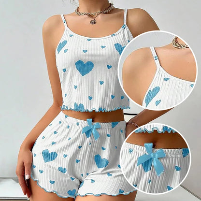 Women's Pajamas Set Sleepwear 2 PCS Short Tank Tops And Shorts S M L White Ventilate Soft Casual Love Printing - Prolificstore