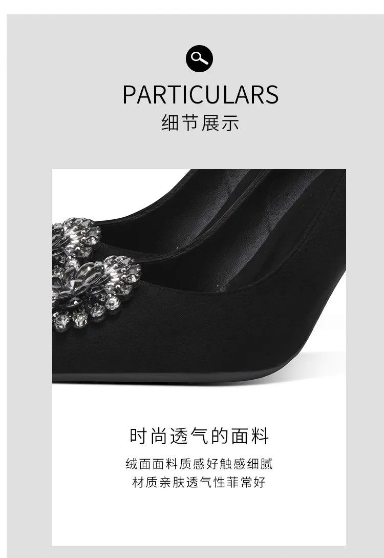 Black Velvet Womens High Heels Elegant Stiletto Pointed Toe Cover Heel Round Flower Pumps Rhinestone Satin Spring Autumn Shoes