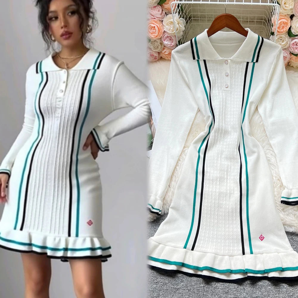 YuooMuoo Chic Fashion Sexy Package Hips Knitted Mini Dress 2026 Summer Vintage Turn-down Collar Ruffled Party Dress Streetrwear - Prolificstore