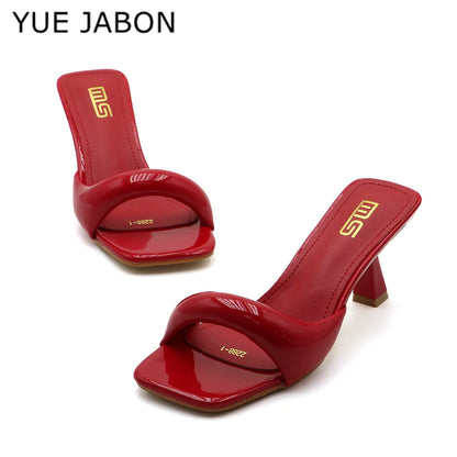 Black Red High Heel Slippers Women Open Toe Slingback Sandals Female Pumps Square Toe Summer Simple Designer Heeled Sandals - Prolificstore