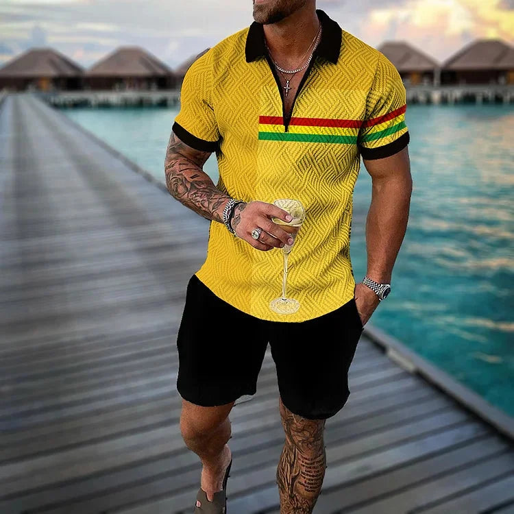 Summer New Men's 3D Printing Short Sleeve Zipper Polo Shirt Shorts Set  Men Casual  2-piece Vacation Beach Set - Prolificstore
