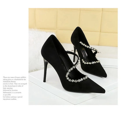 Gorgeous Women's Pumps Rhinestone Chain One Word Strap Design Fashion  Angola Red 10cm High Heels Ladies Nightclub Single Shoes - Prolificstore
