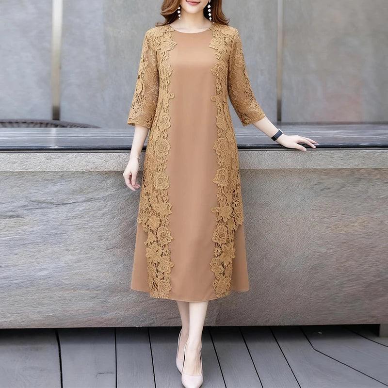 ZANZEA Women Stylish Lace Patchwork Dresses 2025 Autumn 3/4 Sleeve Office Sundress Embroidered Midi Robe Elegant Party Dress - Prolificstore