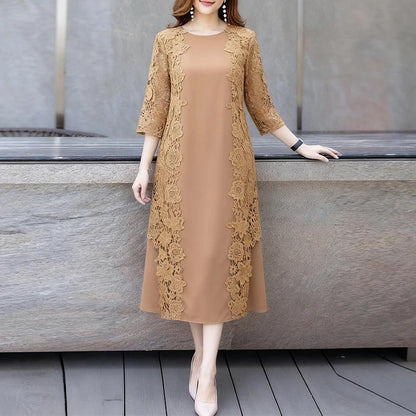 ZANZEA Women Stylish Lace Patchwork Dresses 2025 Autumn 3/4 Sleeve Office Sundress Embroidered Midi Robe Elegant Party Dress - Prolificstore
