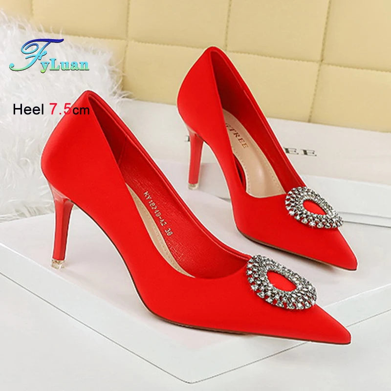 2025 New Shallow Mouth Women's Pumps Fashion Satin Rhinestone Round Buckle Stiletto Solid Color Pointed Sexy Ladies Single Shoes