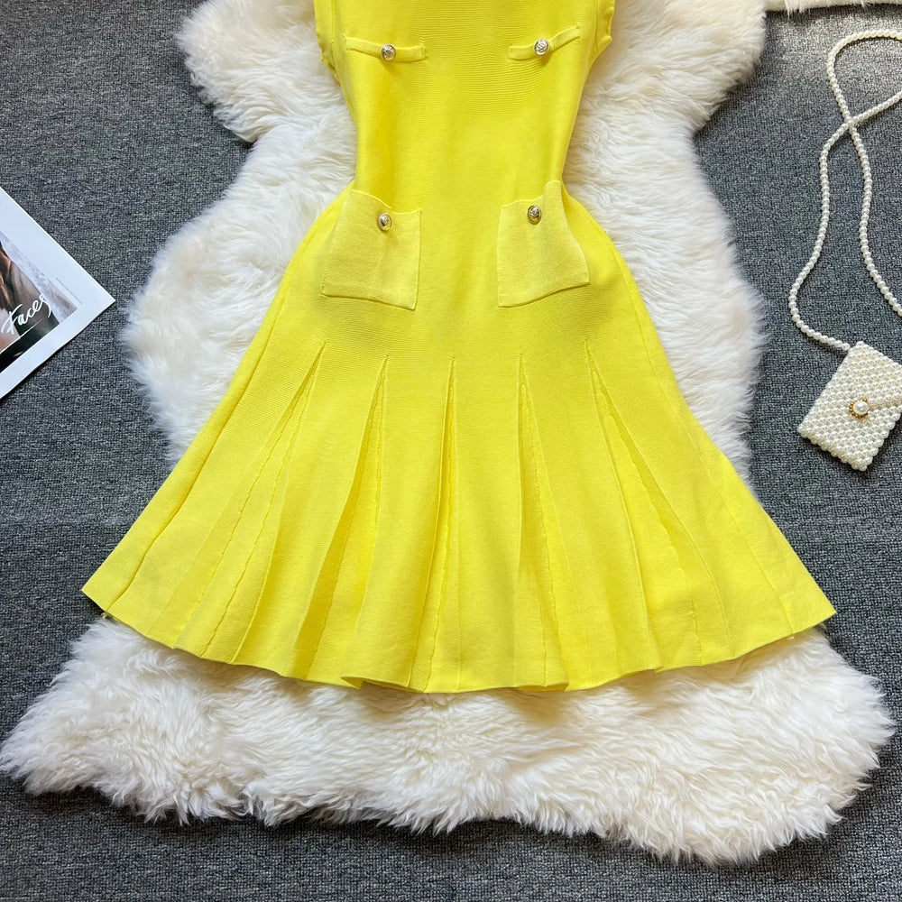 YuooMuoo Chic Fashion 2026 Summer Pleated Short Dress Women O-neck Slim Waist A-line Party Dress Streetwear Lady Outfits Vestido - Prolificstore