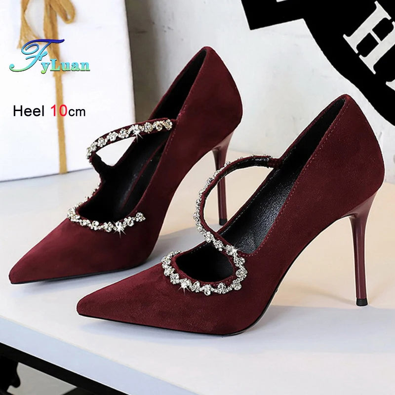 Gorgeous Women's Pumps Rhinestone Chain One Word Strap Design Fashion  Angola Red 10cm High Heels Ladies Nightclub Single Shoes - Prolificstore