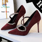 Gorgeous Women's Pumps Rhinestone Chain One Word Strap Design Fashion  Angola Red 10cm High Heels Ladies Nightclub Single Shoes - Prolificstore