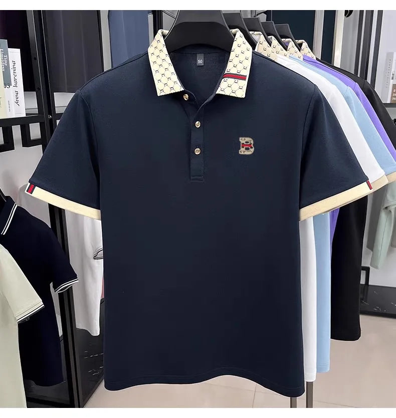 Luxury brand B letter embossed short sleeve polo shirt men summer lightweight breathable new fashion color blocked lapel T-shirt - Prolificstore