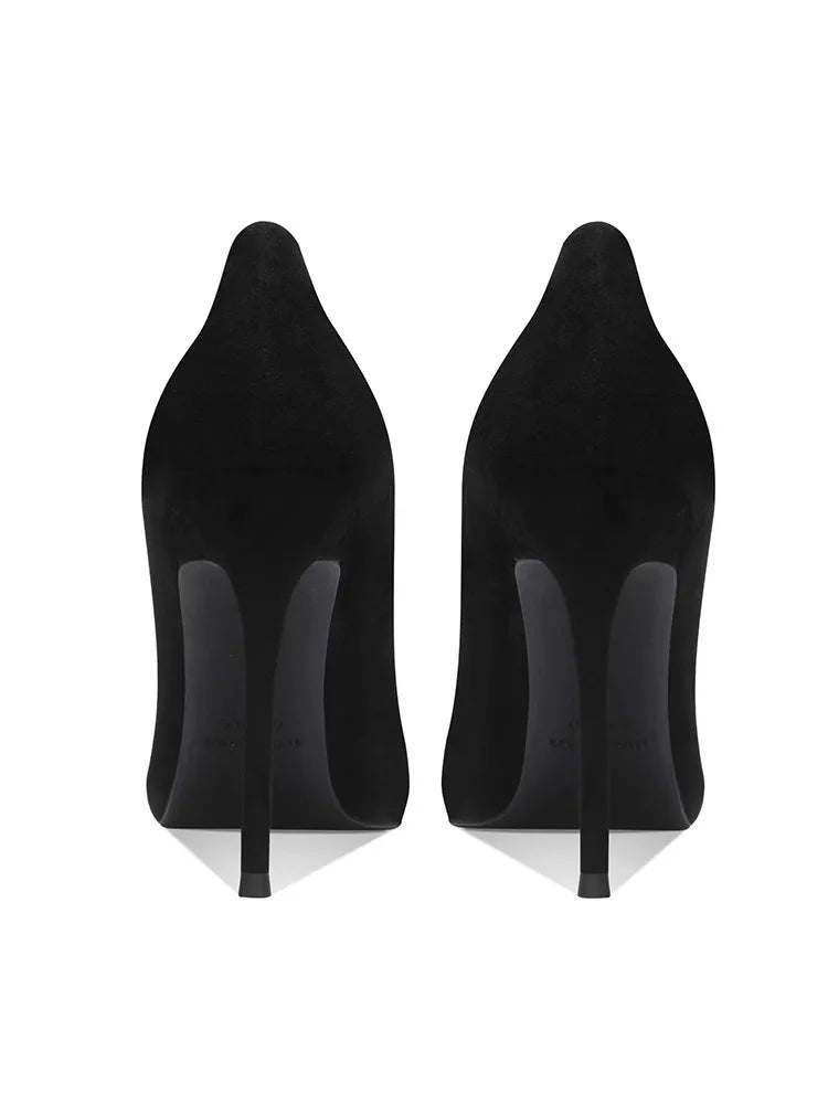 Black Velvet Womens High Heels Elegant Stiletto Pointed Toe Cover Heel Round Flower Pumps Rhinestone Satin Spring Autumn Shoes