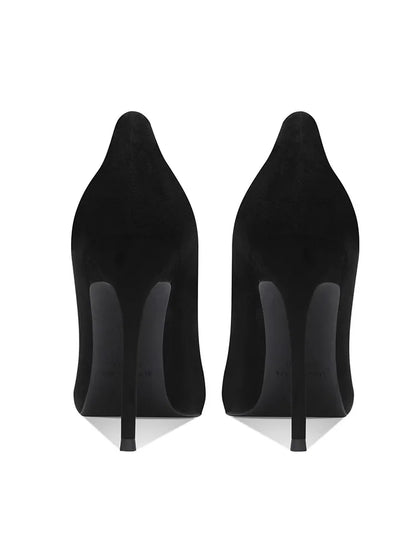 Black Velvet Womens High Heels Elegant Stiletto Pointed Toe Cover Heel Round Flower Pumps Rhinestone Satin Spring Autumn Shoes