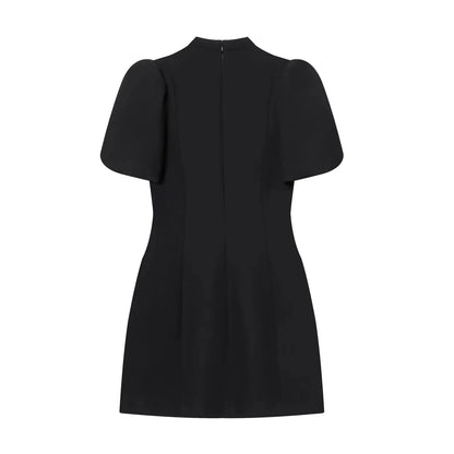 KONDALA Elegant Holiday Chic Women Mini Dress Black O-Neck Zipper Short Puff Sleeve Dress Fashion 2026 Spring Summer Party Dress