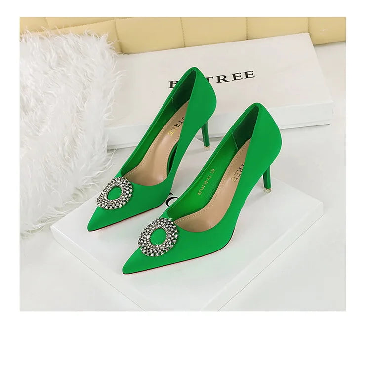 2025 New Shallow Mouth Women's Pumps Fashion Satin Rhinestone Round Buckle Stiletto Solid Color Pointed Sexy Ladies Single Shoes