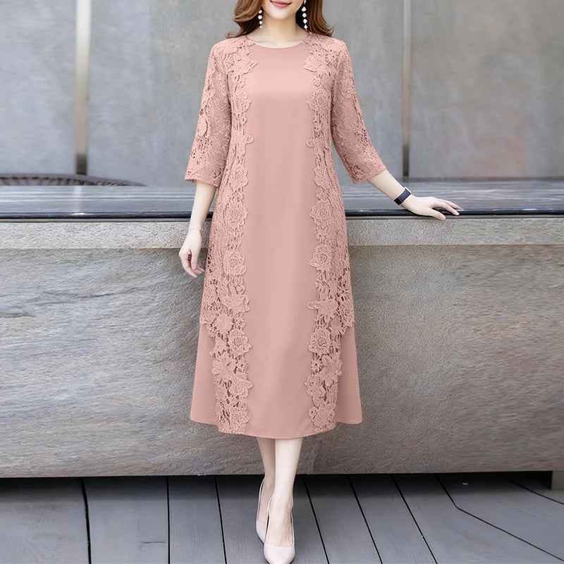 ZANZEA Women Stylish Lace Patchwork Dresses 2025 Autumn 3/4 Sleeve Office Sundress Embroidered Midi Robe Elegant Party Dress - Prolificstore