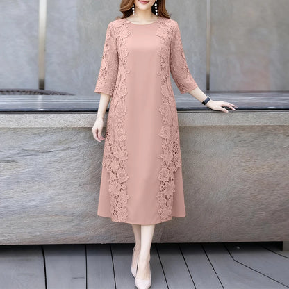 ZANZEA Women Stylish Lace Patchwork Dresses 2025 Autumn 3/4 Sleeve Office Sundress Embroidered Midi Robe Elegant Party Dress - Prolificstore