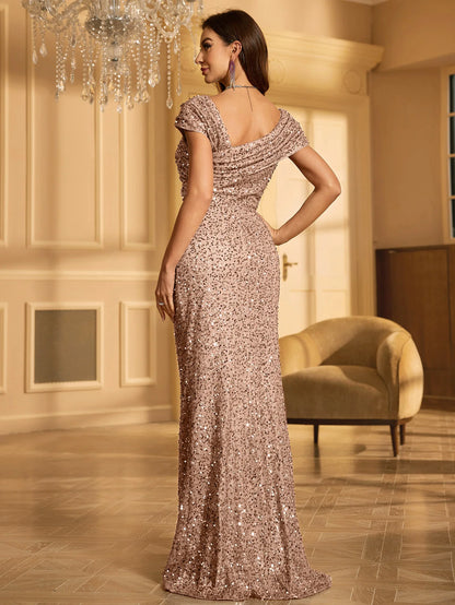 Unithorse Women’s One Shoulder Draped Sleeveless Long Floor-Length Glitter Sequin Formal Evening Dress