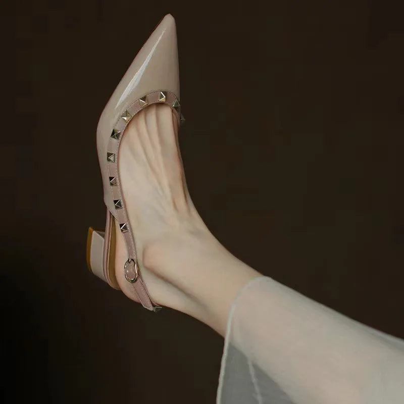 Women Real Leather Shiny Back Buckle Strap Fashionable Sandals European And American Style Trendy Shoes Closed Toe Gold Studs 42