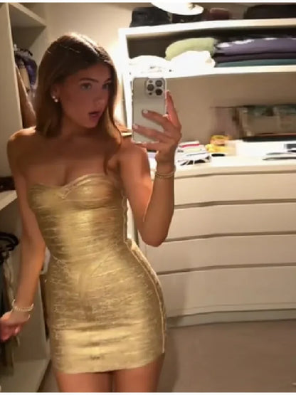 Women Trendy Sexy Gold Tight Short Dresses Luxury Off Shoulder Backless Strapless V-neck Mini Skirt New Outfit Party Date Dress