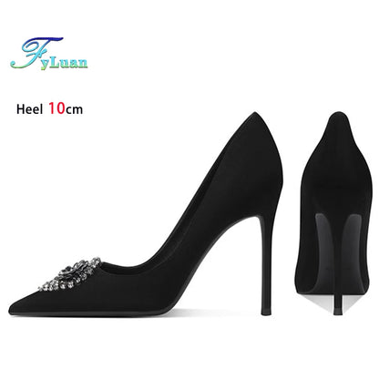 Black Velvet Womens High Heels Elegant Stiletto Pointed Toe Cover Heel Round Flower Pumps Rhinestone Satin Spring Autumn Shoes