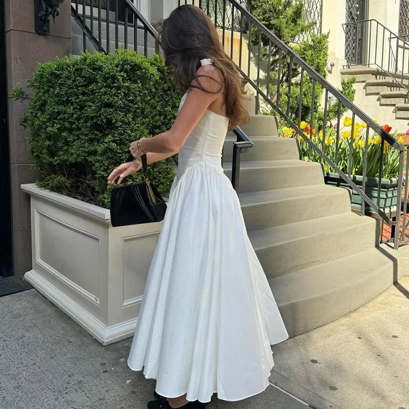 Talenza Backless Deep V Spliced Long Dress Summer Women's Sexy Party Dress Halter New Fashion Slim White Sleeveless Long Dress