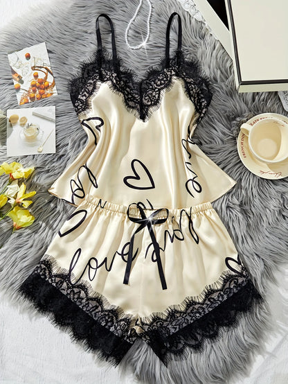Women‘s Milk Silk Pajamas Set Summer Sleeveless Yellow Heart Print Lace Trim Soft Summer Sleepwear Lounge Sets Nightwear - Prolificstore