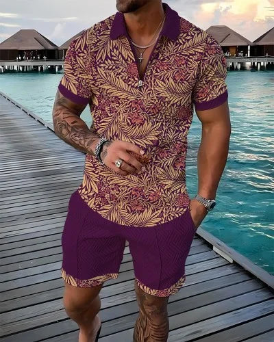 Summer New Men's 3D Printing Short Sleeve Zipper Polo Shirt Shorts Set  Men Casual  2-piece Vacation Beach Set - Prolificstore