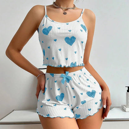 Women's Pajamas Set Sleepwear 2 PCS Short Tank Tops And Shorts S M L White Ventilate Soft Casual Love Printing - Prolificstore
