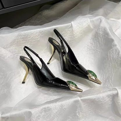 Ladies' Elegant Retro Pointed-toe Shallow Mouth Gemstone High-heeled New Metal Patent Leather One-strap Heel Sandals