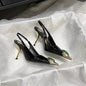Ladies' Elegant Retro Pointed-toe Shallow Mouth Gemstone High-heeled New Metal Patent Leather One-strap Heel Sandals