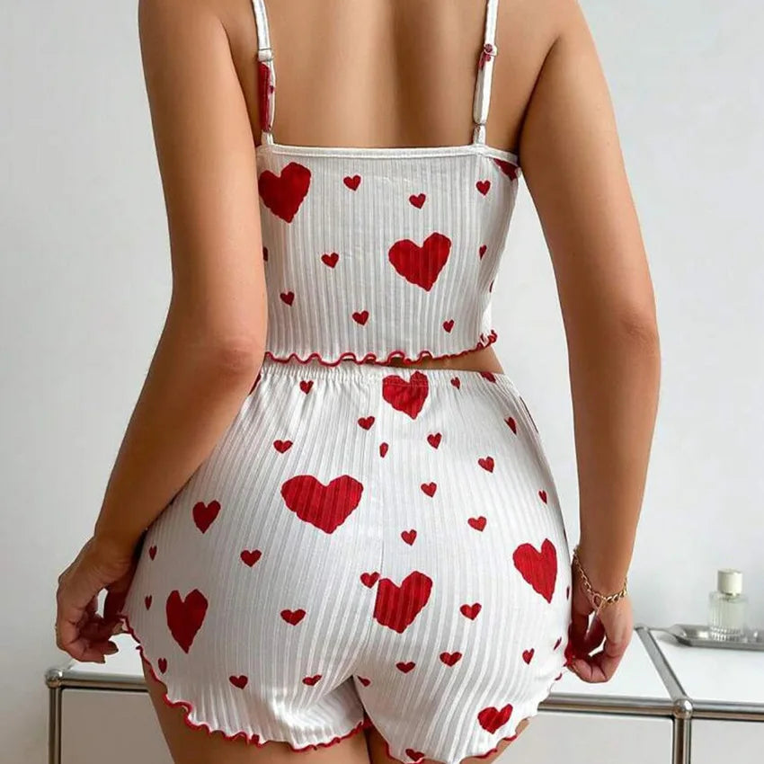 Women's Pajamas Set Sleepwear 2 PCS Short Tank Tops And Shorts S M L White Ventilate Soft Casual Love Printing - Prolificstore