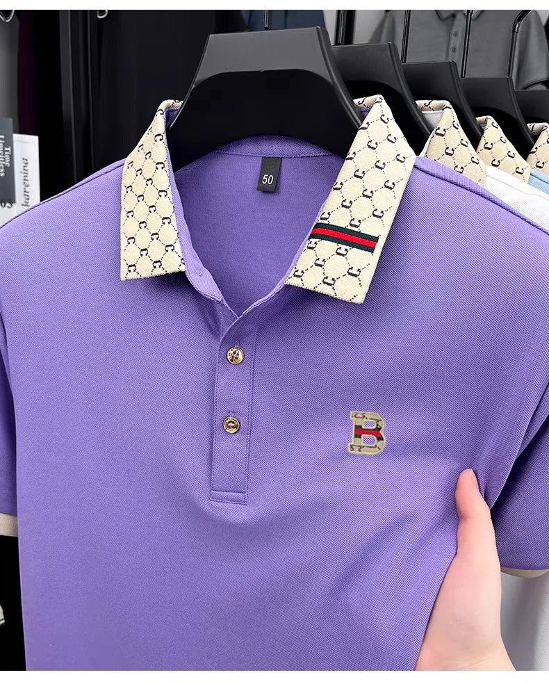 Luxury brand B letter embossed short sleeve polo shirt men summer lightweight breathable new fashion color blocked lapel T-shirt - Prolificstore