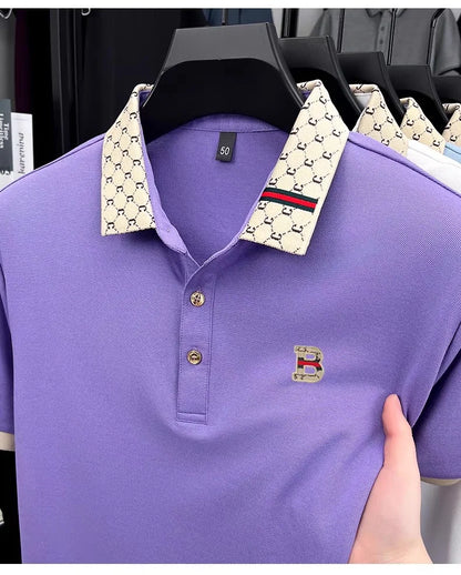 Luxury brand B letter embossed short sleeve polo shirt men summer lightweight breathable new fashion color blocked lapel T-shirt - Prolificstore