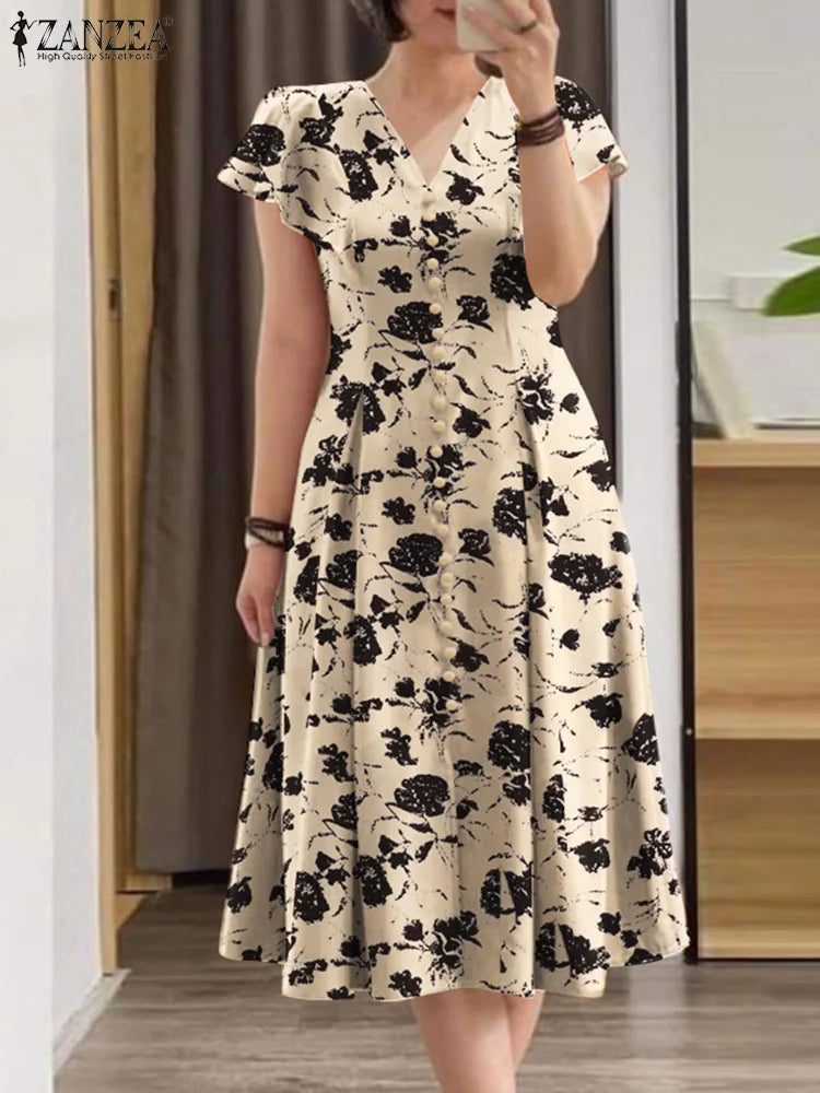 ZANZEA Summer OL Work Ruffle Sleeve Women Midi Dress  Casual Floral Print A-line Vestidos V Neck Waist Party Sundress Oversized - Prolificstore