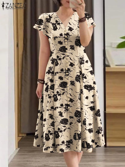 ZANZEA Summer OL Work Ruffle Sleeve Women Midi Dress  Casual Floral Print A-line Vestidos V Neck Waist Party Sundress Oversized - Prolificstore