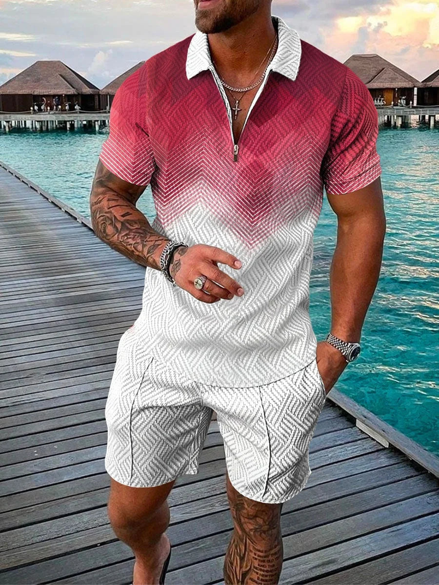 Summer New Men's 3D Printing Short Sleeve Zipper Polo Shirt Shorts Set  Men Casual  2-piece Vacation Beach Set - Prolificstore