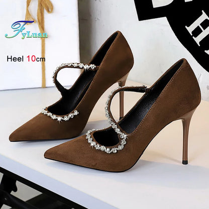 Gorgeous Women's Pumps Rhinestone Chain One Word Strap Design Fashion  Angola Red 10cm High Heels Ladies Nightclub Single Shoes - Prolificstore