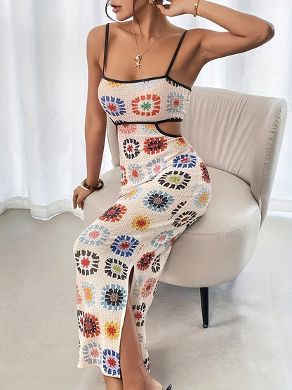 Elegant Backless Floral Print Bodycon Dress for Women Sleeveless Gown